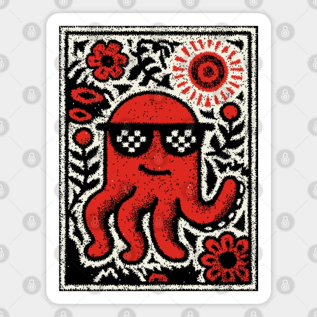 Cool Octopus | Risograph Style Sea Creature Magnet by TuncGK